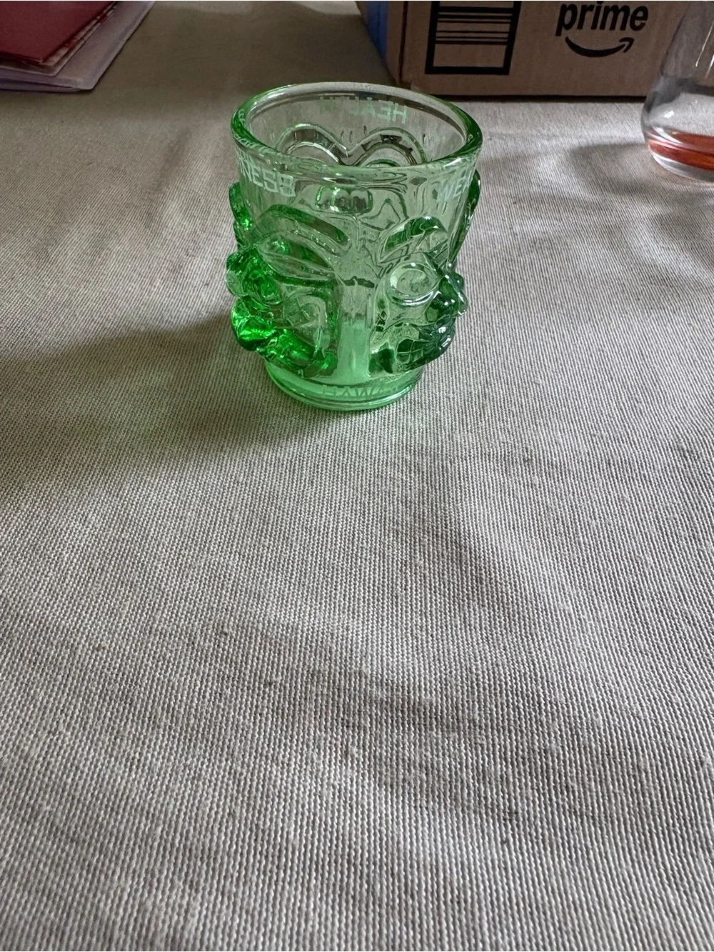 Green Glass Tiki Shot Glass - bought in Hawaii